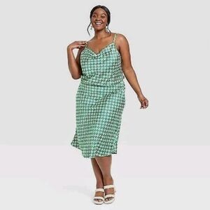 NWT Ava & Viv Women's Sleeveless Satin Dress Green Geometric Size 2X